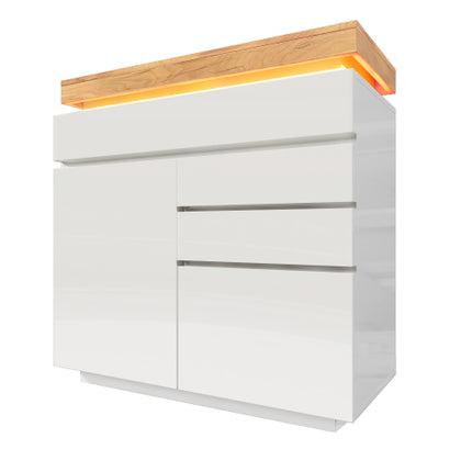 Chest Of Drawers,High-gloss Sideboard Cabinet With 2 Doors And 3 Drawers,Storage With RGB LED App-controlled,Multi-purpose Cabinet For Living Room And Bedroom, 115 X 110 X 39 Cm, White