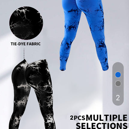 2 Pack Tie-Dye High Waist V-Back Yoga Leggings, Peach-Hip Enhancing Athleisure Tights, Sport Style Fitness Pants