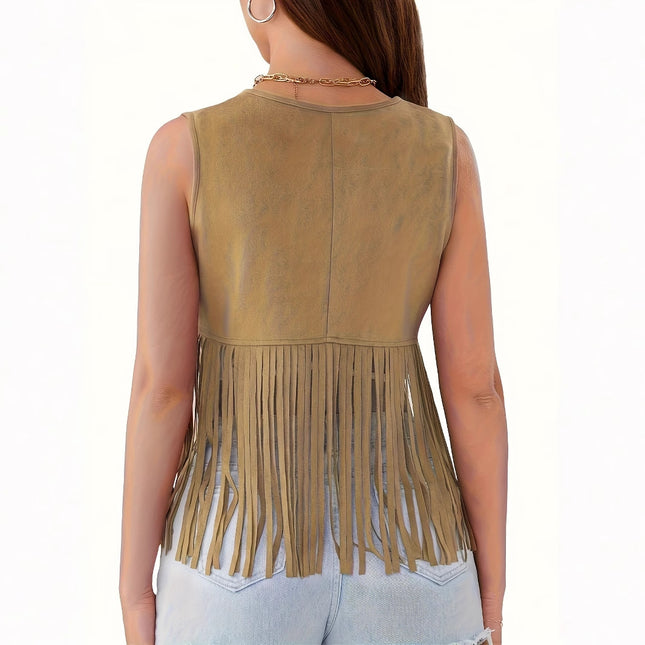 Women's Sleeveless Suede Fringed Jacket Cardigan