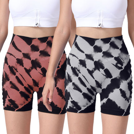 2 Pack Us Local Women's Side Cut-Out Tie-Dye Seamless Hip Lift High Waist Sports Fitness Yoga Shorts