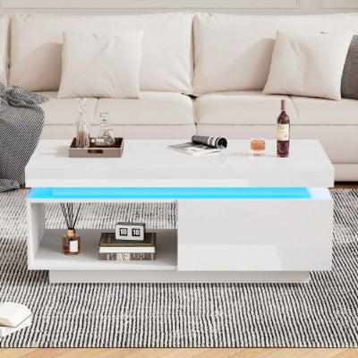Hoëglans LED-koffietafel met laaistoorplek, Hout middeltafel met RGB LED-ligte Reghoekige teetafel vir sitkamermeubels, Wit koffietafel met oop uitstalrak