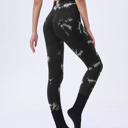 Butt Lifting Yoga Gym Athletic Pants, Hollow Out Tummy Control Sports Leggings Tie Dye Running Pants