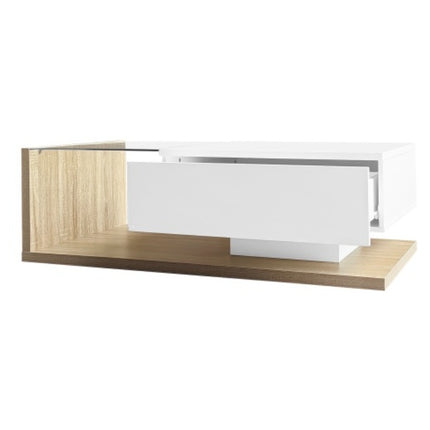 Koffietafel In Hoogglans Wit En Houtkleurkombinasie. Sytafels, Koffietafels Met Glas En LED
