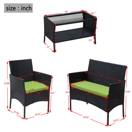 4 ST Rattan Patio Meubelstel Buite Patio Opgestopte Sitplek Rieten Bank Groen Kussing