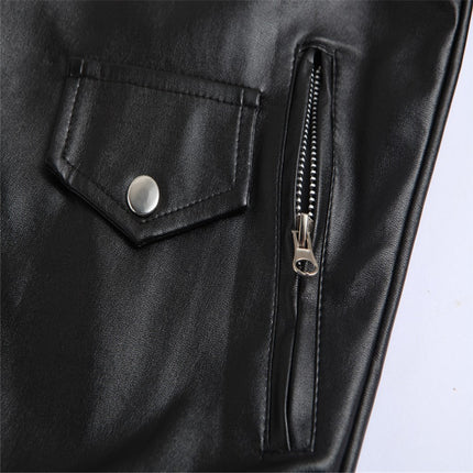 Slim Casual Leather Jacket With Lapel Diagonal Zipper