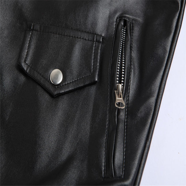 Slim Casual Leather Jacket With Lapel Diagonal Zipper