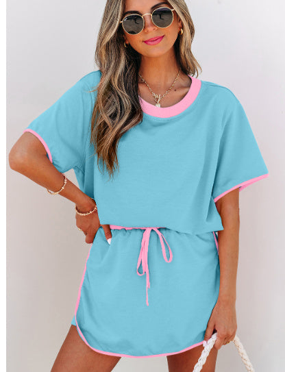 Turquoise Colorblock Edge Drop Shoulder T Shirt And Skort 2Pcs Set