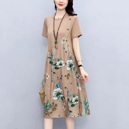 Retro Printed Fat Slim Fit Slimming Loose Casual Patchwork Dress
