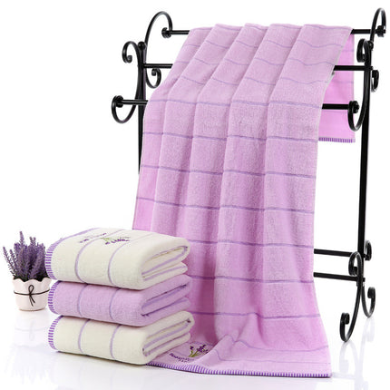 Laventel Sag Absorberende Geborduurde Gestreepte Badhanddoek