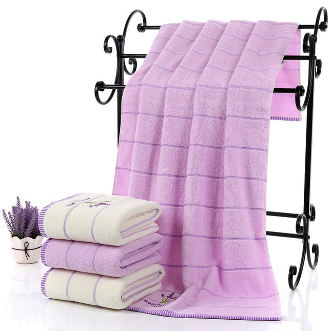 Laventel Sag Absorberende Geborduurde Gestreepte Badhanddoek