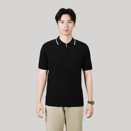 Men's Half-zip Ice Silk Knitted Lapel Vertical Striped Top