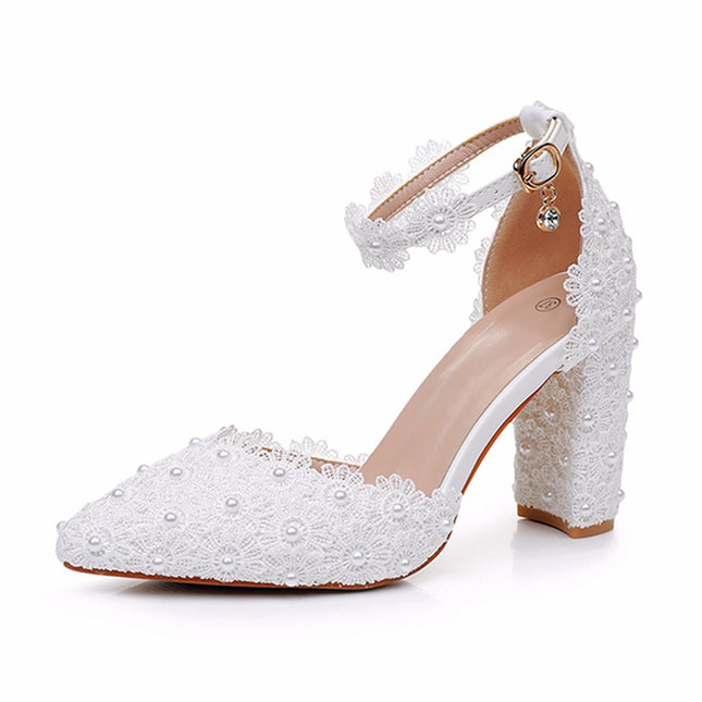 Chunky Heel Pointed Sandals White Wedding Shoes
