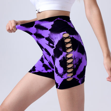 2 Pack Us Local Women's Side Cut-Out Tie-Dye Seamless Hip Lift High Waist Sports Fitness Yoga Shorts