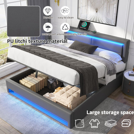 Gestoffeerde Bed 150 X 200 Cm, King Size Bed-5vt, met USB-poort Ondersteun Draadloos en Bedrade Laai, met LED-beligting en Bergingspasie, Sonder Matras, PU-litjiepatroon, Grys