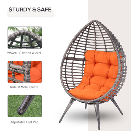 Patio Rattan Eierstoel m/ Sagte Kussing, Traandruppel-Knusselsitplek, Buite-/Binne-Patio Stoel, PE Plastiek Rattan Meubels met Verstelbare Hoogte Voetkussings, Oranje