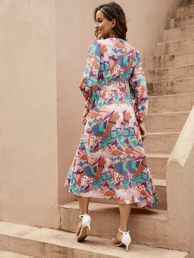 Europe And America Cross Border Women's Multi-color Irregular Geometric Printing Deep V Girdle Lantern Long Sleeve Large Swing Dress