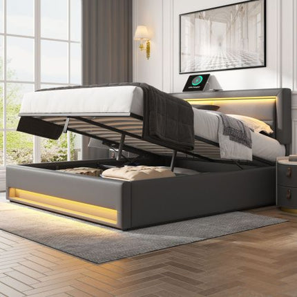 Gestoffeerde Bed 150 X 200 Cm, King Size Bed-5vt, met USB-poort Ondersteun Draadloos en Bedrade Laai, met LED-beligting en Bergingspasie, Sonder Matras, PU-litjiepatroon, Grys