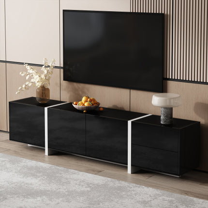TV Cabinet, Black High-gloss Cabinet And White Contrasting Table Legs, With Simple Cabinet Doors And Drawers.