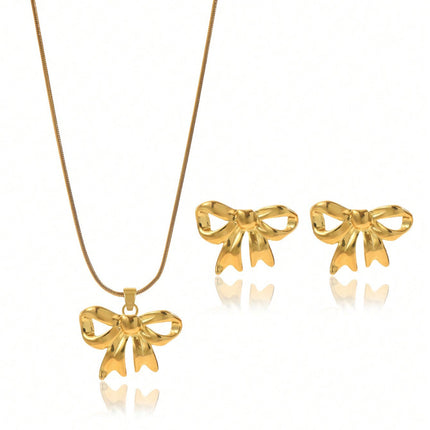 Lxalry 18K Gold Plated Bow Mirror Jewelry Set  Hypoallergenic Skin Safe Necklace   Earrings For Weddings Gifting, Never Fade Adjustable Luxury With Precision-Cast Ribbon