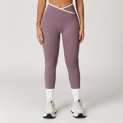 Nude Feel Skinny Yoga Pants Cross High Waist Contrast Color Women