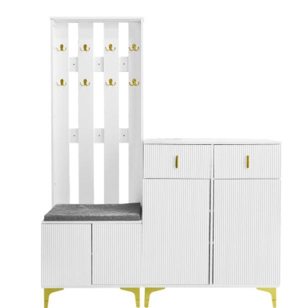 Ensemble armoire avec banc à chaussures et coussin, façade d'armoire avec crochets, meuble à chaussures avec tiroirs et portes