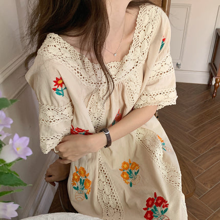 Design Sense Square Neck Lace Stitching Embroidery Flower Dress