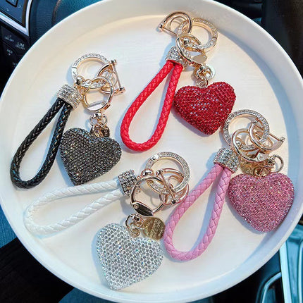 Kleidiament Volledig Versierde Liefdevolle Hart Sleutelhanger Diamant Leer Tou