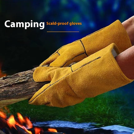 Outdoor Camping BBQ Gloves Welding Non-slip Wear-resistant Protective Leather Gloves Heat Insulation