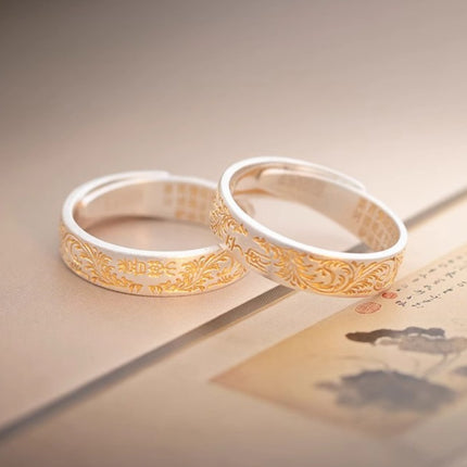 9999 Suiwer Silwer Soliede Oop Ring Met Tanggraspatroon & Goue Afwerking, Veilig & Vreugdevolle Hart Soetra Gegraveer, Retro Chinese Styl Suiwer Silwer Band