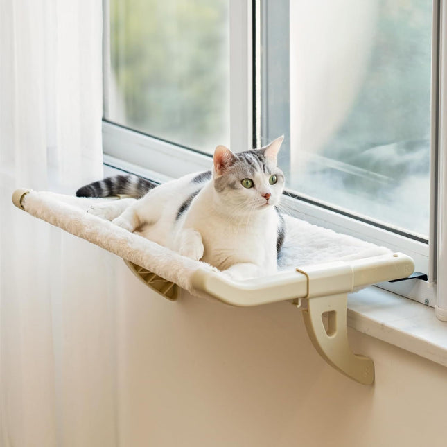 MEWOOFUN Cat Window Perch With One-Step Sliding Clamp - Adjustable Window Sill Hammock With Removable Cover For Indoor Cats - Medium Beige Cat Bed Fits Windowsill & Bedside