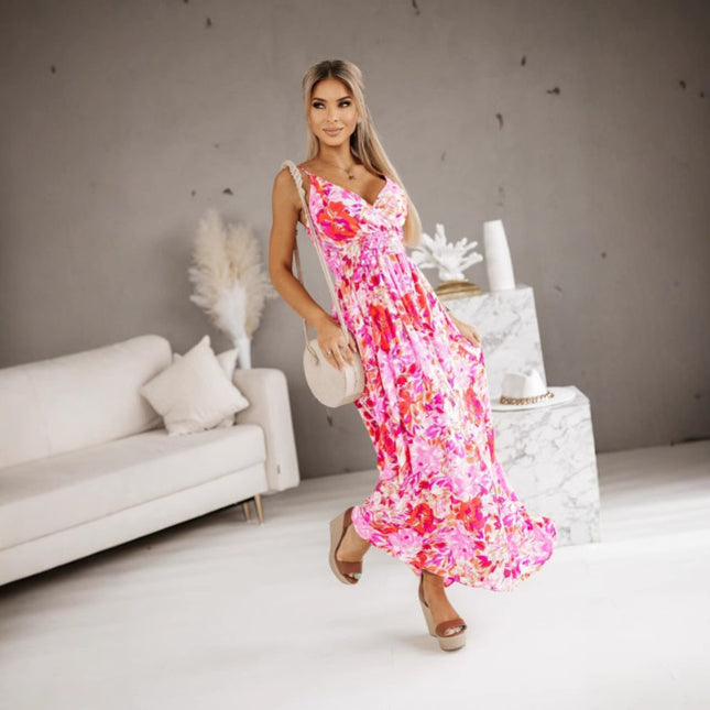 European And American Foreign Trade Cross-border Women's Clothing Amazon Summer V-neck Elastic Waist Printed Sling Long Dress