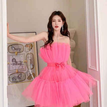Design Bow Waist-tight Fairy Mesh High Waist Bubble Dress