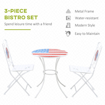 3-stuk Patio Bistro-stel, Opvoubare Buitemeubels met VSA-mosaïektafel en -stoele, Draagbare Metaalrame vir 4 Julie, Balkon, Agterplaas, Swembad, Stoep, Amerikaanse Vlag