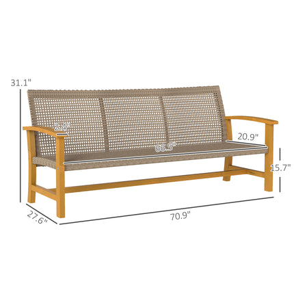 3-Sitplek Wicker Buitenbank Patiobank, Acaciahout Patiomeubels met Staalsitplek Armleunings, 1000 LBS Kapasiteit, Teakhout