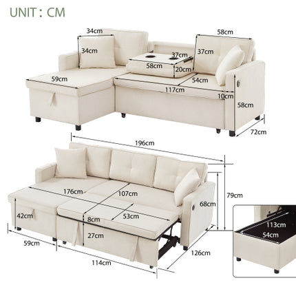 L-vormige Uittrekbare Slaapbank, Moderne Omkeerbare Slaapbank, 3-in-1 Omskakelbare Slaapbank met Bêre Chaise, Opvoubare Tafel, Bekerhouers en Laaipoorte