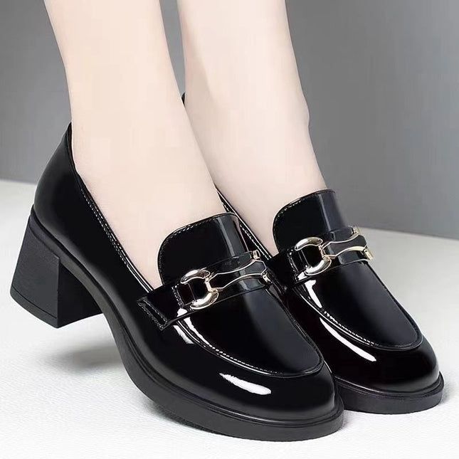 Dark Green Glossy Chunky Heel Metal Buckle Loafers For Women