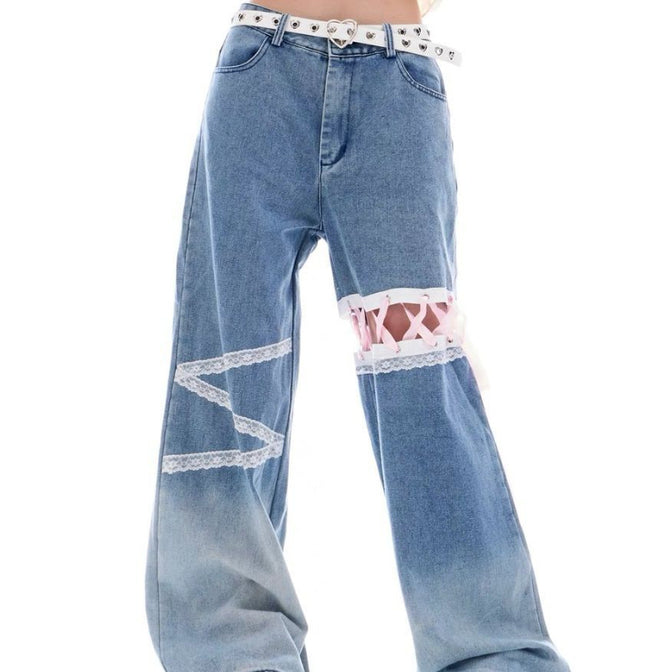 Classic Style Summer Thin Lace Lace Cut-off Jeans