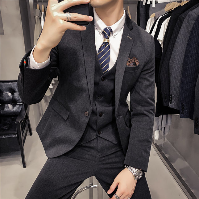 Business Formal Wear Plus Size Swallowtail Three-piece Solid Color Korean Men's Suit