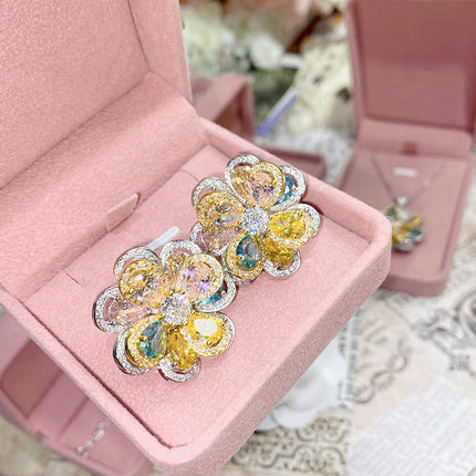 18K Plated Multi Faceted Translucent Colored Treasure Zircon Flower Earrings
