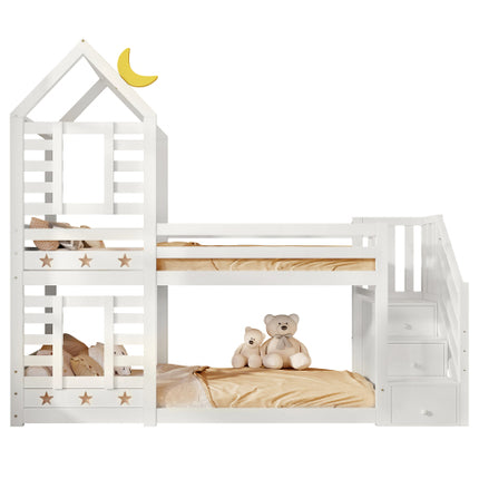 Stapelbedberging Kinderkajuitbed Enkelbed Met Venster Vir Kinders, Dubbelslaper 190x90 Cm, Soliede Dennehout, 3VT - Wit