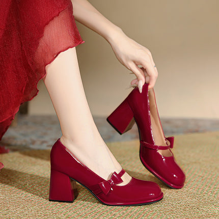 Chunky Heel Round Toe Wedding Temperament Red Mary Jane Shoes