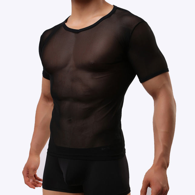 Men's Solid Color Sexy Mesh Transparent Short-sleeved T-shirt