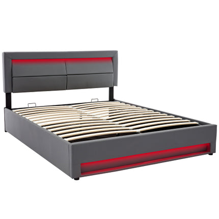 Gestoffeerde Bed 150 X 200 Cm, King Size Bed-5vt, met USB-poort Ondersteun Draadloos en Bedrade Laai, met LED-beligting en Bergingspasie, Sonder Matras, PU-litjiepatroon, Grys