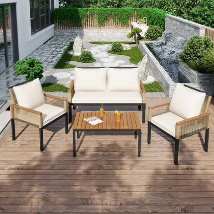 Garden Lounge Set, Garden Furniture Set With Comfortable Cushions, Double Sofa, 2 Armchairs And Table, Outdoor, Rattan, Table And Chairs, Beige