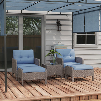 5 Pieces PE Rattan Garden Furniture Set, Wicker Outdoor Sofa Set W/ 2 Armchairs 2 Stools Glass Top Table Cushions, Blue