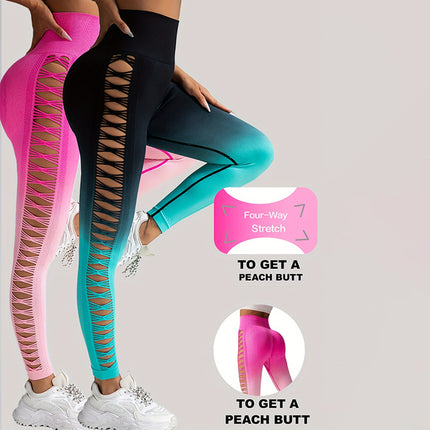 2 Pack Cut Out Ombre Gradient Color Hollow High-waist Butt-lifting Fitness Women's Yoga Pants, Women's High Waist Yoga Pants Cutout Ripped Super Soft And Comfortable Skinny