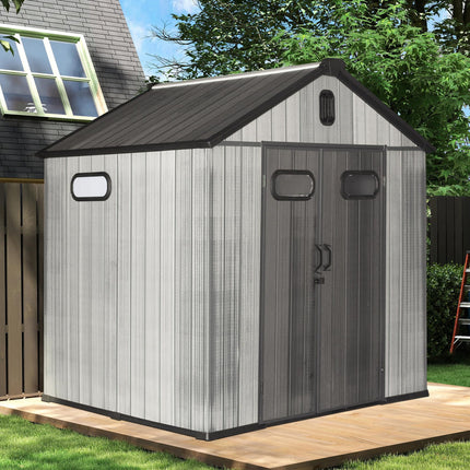 8x8VT Hars Buitebergingskuur Met Sluitbare Deur, Waterdigte Buiteskuur Met Vensters & Ventilator, Swaardiens Plastiek Gereedskap Bergingskuur Vir Patio Meubels, Grassnyer, Fiets