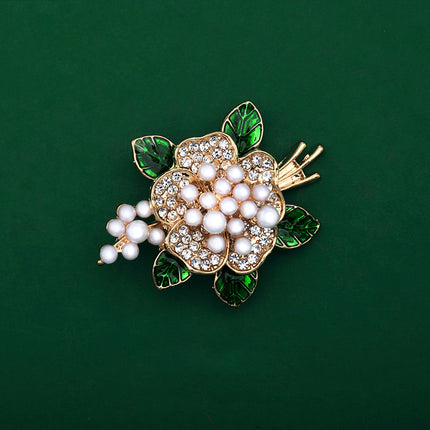 Fashionable Trendy Plant And Pearl Brooch In Alloy And Enamel