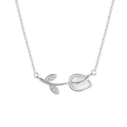 Wit Chalcedoon Tulp Halssnoer Vir Vroue 925 Silwer Lig-Luuks