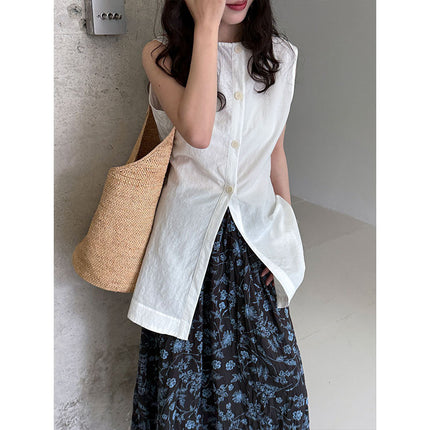French Tencel Linen Two-sided Wear Temperament Loose Sleeveless Top